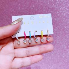 6pcs summer color enamel diamond heart gold plated copper huggie earrings set