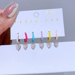 6pcs summer color enamel diamond heart gold plated copper huggie earrings set