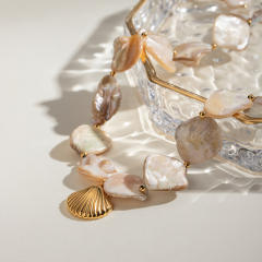 Holiday beach trend irregular shape pearl stainless steel shell pendant choker necklace
