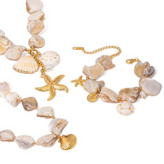 18KG Holiday beach trend stainless steel starfish shell charm choker necklace bracelet set