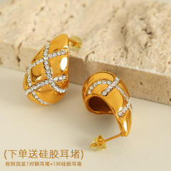 18KG chunky waterdrop pearl bead rhinestone cross pattern stainless steel earrings
