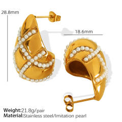 18KG chunky waterdrop pearl bead rhinestone cross pattern stainless steel earrings