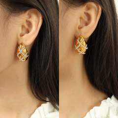18KG chunky waterdrop pearl bead rhinestone cross pattern stainless steel earrings