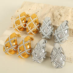 18KG chunky waterdrop pearl bead rhinestone cross pattern stainless steel earrings