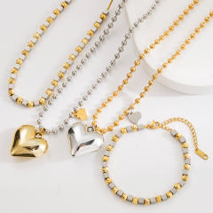 Sweet cool chunky heart charm stainless steel necklace bracelet set