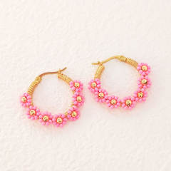 Boho colorful bead flower stainless steel hoop earrings