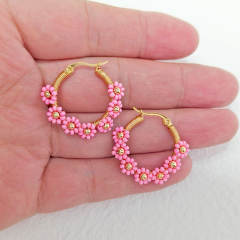 Boho colorful bead flower stainless steel hoop earrings