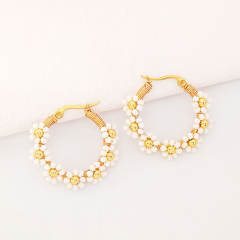 Boho colorful bead flower stainless steel hoop earrings