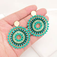 Boho green color bead handmade round shape stainless steel earrings