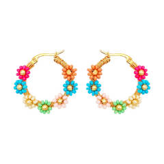 Boho colorful bead flower stainless steel hoop earrings