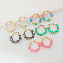 Boho colorful bead flower stainless steel hoop earrings