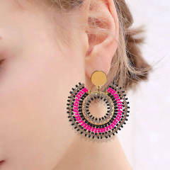 Boho handmade rose red color bead stainless steel earrings