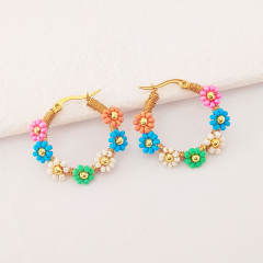 Boho colorful bead flower stainless steel hoop earrings