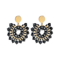 Boho handmade black white beaded flower stainless steel earrings