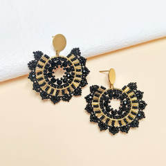 Boho handmade black white beaded flower stainless steel earrings