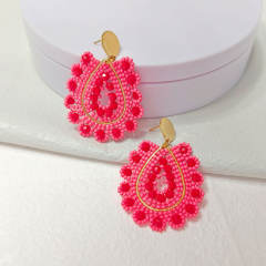 Boho handmade red bead drop shape stainless steel earrings