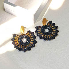 Boho handmade black white beaded flower stainless steel earrings