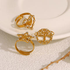 Concise diamond life tree star hollow out stainless steel finger rings