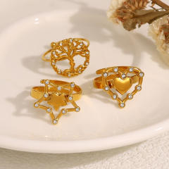 Concise diamond life tree star hollow out stainless steel finger rings