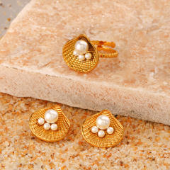 Summer beach holiday theme pearl bead shell stainless steel finger rings earrings set