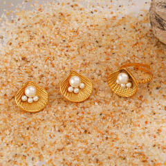 Summer beach holiday theme pearl bead shell stainless steel finger rings earrings set