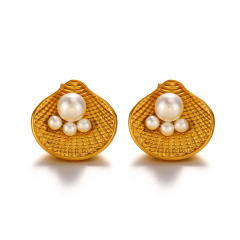 Summer beach holiday theme pearl bead shell stainless steel finger rings earrings set