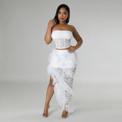 Black white sexy lace off shoulder tops skirt set for women wedding party dress