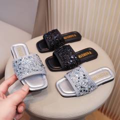 Summer gliter black silver color flat slipper for girls