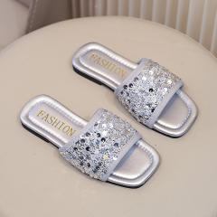 Summer gliter black silver color flat slipper for girls