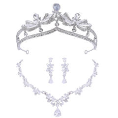 Delicate silver color diamond wedding crown necklace set
