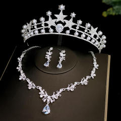 Delicate silver color diamond wedding crown necklace set