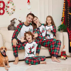 Cartoon Elk deer plaid pattern christmas pajamas family outfits