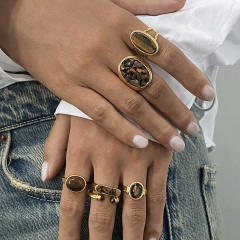 Vintage tiger eye stone statement stainless steel finger rings collection