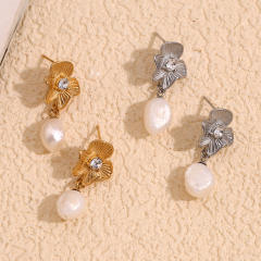 18KG white diamond flower pearl dangle stainless steel earrings