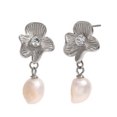 18KG white diamond flower pearl dangle stainless steel earrings