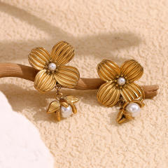 Vintage four petal flower pearl bead stainless steel dangle earrings