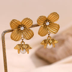 Vintage four petal flower pearl bead stainless steel dangle earrings