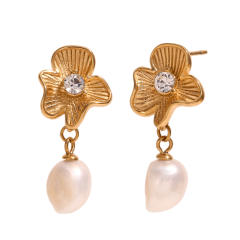 18KG white diamond flower pearl dangle stainless steel earrings