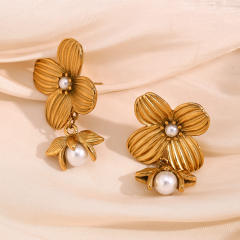 Vintage four petal flower pearl bead stainless steel dangle earrings