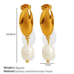18KG geometric oval shape pearl drop stainless steel earrings