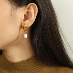 18KG geometric oval shape pearl drop stainless steel earrings