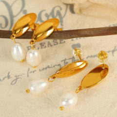18KG geometric oval shape pearl drop stainless steel earrings