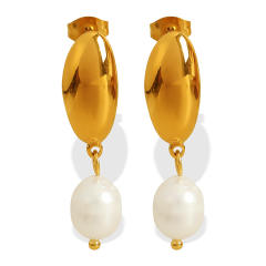 18KG geometric oval shape pearl drop stainless steel earrings