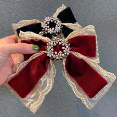 Elegant lace velvet pearl bead buckle bow french barrette hair clips