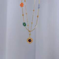 Sweet crystal bead flower natural stone drop pendant stainless steel necklace