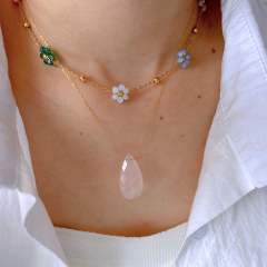 Sweet crystal bead flower natural stone drop pendant stainless steel necklace
