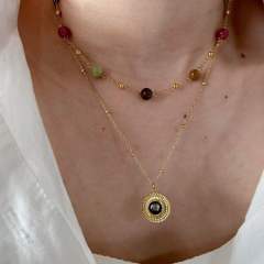 Vintage natural stone tiger eye stone bead stainless steel necklace collection dainty necklace