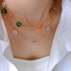 Sweet crystal bead flower natural stone drop pendant stainless steel necklace