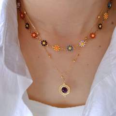 Sweet crystal bead flower natural stone drop pendant stainless steel necklace