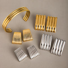 18KG chunky stainless steel geometric line cuff bangle bigger earrings set